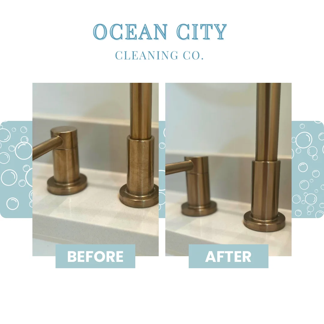 Before and after: water spots lifted off brushed brass fixtures