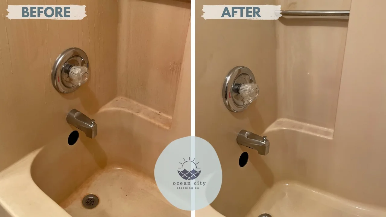 Before and after: tub and shower walls scrubbed stain-free