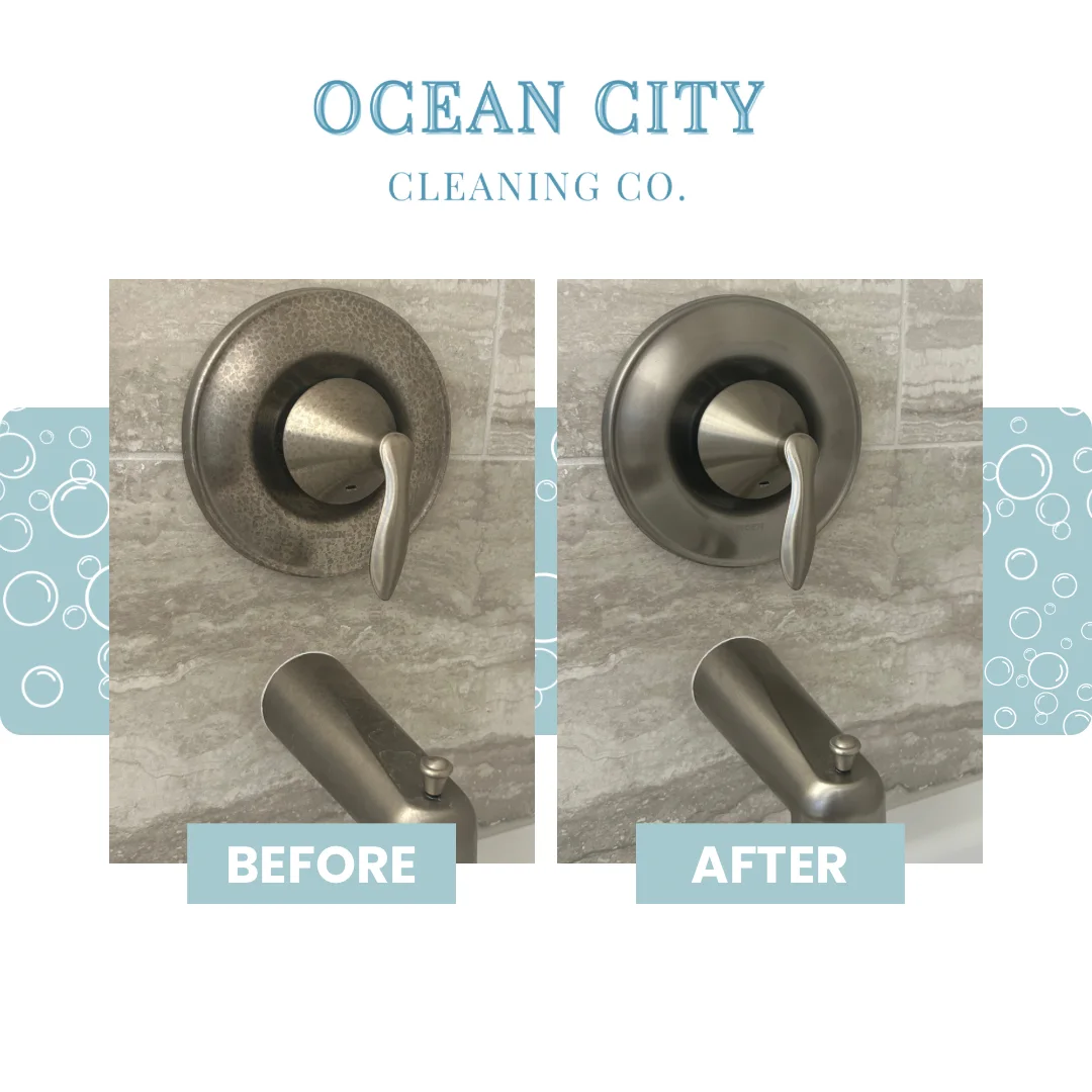 Before and after: hard-water buildup cleared from a shower trim